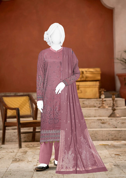 Women’s 3-Piece Embroidered Lawn Suit with Printed Schiffli Dupatta – Dusky rose