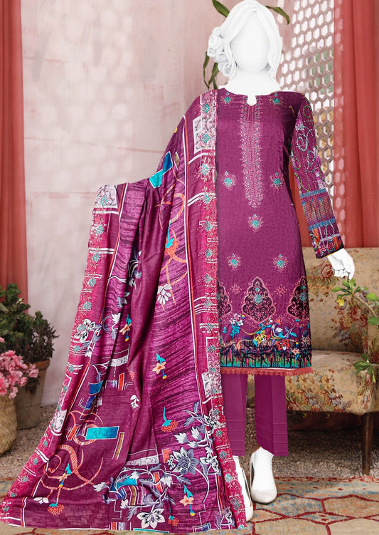 Women’s 3-Piece Embroidered Lawn Suit with Printed Schiffli Dupatta – Majestic Plum Purple