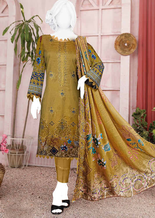 Women’s 3-Piece Embroidered Lawn Suit with Printed Schiffli Dupatta – Olive Bloom Charm