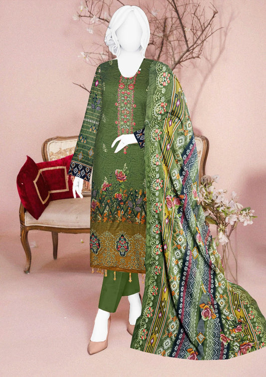 Women’s 3-Piece Embroidered Lawn Suit with Printed Schiffli Dupatta – Enchanted Forest Green Radiance